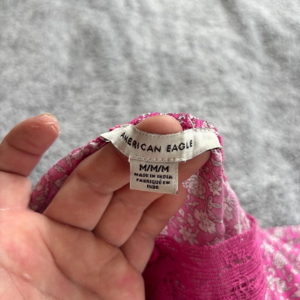 American Eagle Top Medium Pink Ditsy Floral Crop Puff Sleeve Peasant Y2K 18062x - Picture 5 of 8